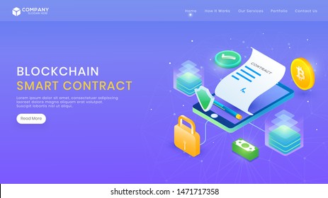 Blockchain or Smart Contract concept with online application form in smartphone, money and security analysis data based isometric design.