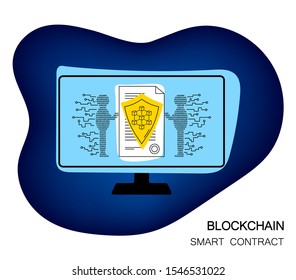 Blockchain or Smart Contract Concept Vector Flat Illustration. Smart Contract Banner Template. For Companies that Provide Data Binding to the Blockchains. Data Protection and Privacy Policy Concept