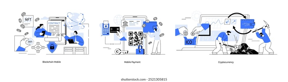 Blockchain con contratos inteligentes, pagos móviles a través de código QR, minería de criptomonedas, bitcoin y conceptos de finanzas descentralizadas DeFi. Muestra transacciones y tecnologías financieras NFT contract
