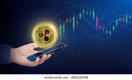 Blockchain stock market. Token cryptocurrency Ripple coin price chart out from smartphone. Online currency exchange market. Technology digital online trading bidding. Financial bank. 3D Vector.
