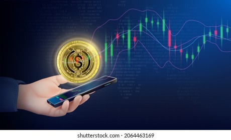 Mercado bursátil de la cadena de bloqueo. Gráfico de precio de la moneda Token cryptocurrency Tether extraída del smartphone. Mercado de divisas en línea. Oferta de comercio digital de tecnología en línea. Banco financiero. Vector 3D.