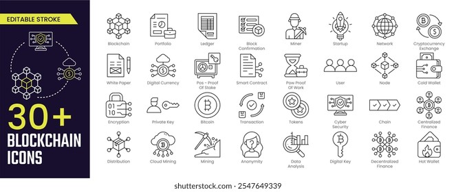 Blockchain Stroke icon collections. Containing Portfolio, Ledger, Digital Currency, Cyber Security, Encryption, Distribution, Mining, and Bitcoin icons. Editable Stroke icon collection