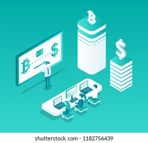 Blockchain studies isolated isometric icons set. People learning cryptocurrency mining details. Rate bitcoin and dollar, visual representation vector