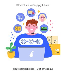 Blockchain Supply Chain concept. Integration of advanced technology for efficient logistics management. Digital transactions, tracking, secure payments. Vector illustration.