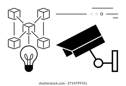 Blockchain, vigilancia, innovación, tecnología, seguridad de datos, ciberseguridad. El gráfico muestra bloques interconectados, una bombilla para ideas y una cámara de seguridad. Blockchain y vigilancia