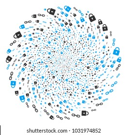 Blockchain swirl cluster. Object twist done from random blockchain symbols. Vector illustration style is flat iconic symbols.