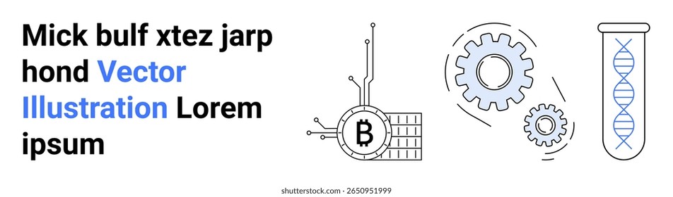 Símbolo de cadeia de blocos ao lado de nós conectados, duas engrenagens entrelaçadas e hélice de DNA no tubo de ensaio apresentam tecnologia e biotecnologia. Ideal para tecnologia, biotecnologia, blockchain, educação, inovação