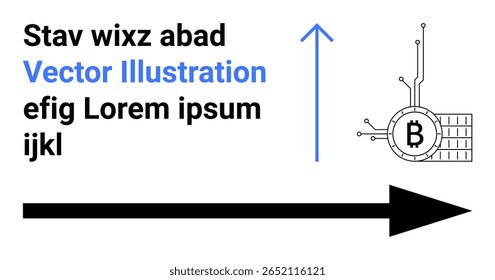 Símbolo de cadeia de blocos com linhas, texto preto com Ilustração de vetor azul, seta azul vertical apontando para cima, seta preta horizontal, palavras aleatórias. Ideal para finanças, criptomoeda, educação blockchain