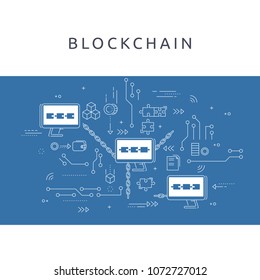 Blockchain technologie process abstract illustration in thin line style. Crypto-currency vector concept. Computers chained to network exchange information.