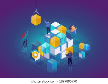 Blockchain Technology 3d isometric concept. Abstract future high tech vector illustration. Cryptocurrency and blockchain isometric composition with people.