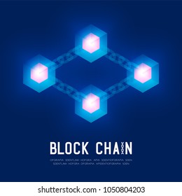 Blockchain technology 3D isometric virtual, system online concept design illustration isolated on dark blue background and Blockchain Text with copy space, vector eps 10
