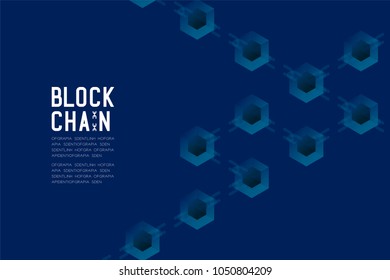 Blockchain technology 3D isometric virtual, system offline concept design illustration isolated on dark blue background and Blockchain Text with copy space, vector eps 10