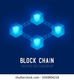 Blockchain technology 3D isometric virtual, Safety system concept design illustration isolated on dark blue background and Blockchain Text with copy space, vector eps 10