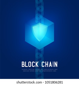 Blockchain technology 3D isometric virtual, Safety system concept design illustration isolated on dark blue background and Blockchain Text with copy space, vector eps 10