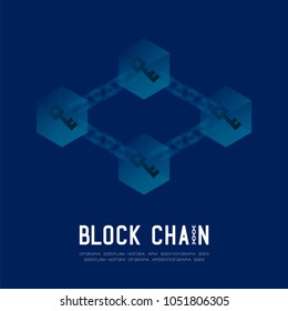 Blockchain technology 3D isometric virtual, Login system offline concept design illustration isolated on dark blue background and Blockchain Text with copy space, vector eps 10