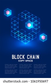 Blockchain technology 3D isometric virtual, system online concept design illustration isolated on dark blue background and Blockchain Text with copy space, vector eps 10