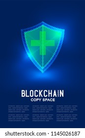 Blockchain technology 3D isometric virtual, Safety shield system concept design illustration isolated on dark blue background and Blockchain Text with copy space, vector eps 10