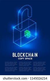 Blockchain technology 3D isometric virtual, Unlock system concept design illustration isolated on dark blue background and Blockchain Text with copy space, vector eps 10