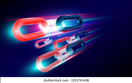 BlockChain technology with 3D rendering concept, glow light chains connected together and flyer. Vector