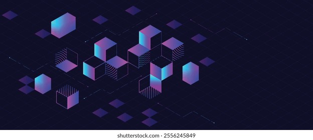 Blockchain technology abstract background with futuristic 3D cubes in gradient neon colors of purple and blue. Digital connections, data security, and decentralized systems concept.