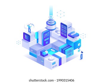 Blockchain technology abstract isometric concept. People work with digital money, cryptocurrency marketplace, crypto business, bitcoin mining farm. Vector character illustration in isometry design