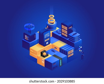 Blockchain technology abstract isometric concept. People work with digital money, cryptocurrency marketplace, crypto business, bitcoin mining farm. Vector character illustration in isometry design