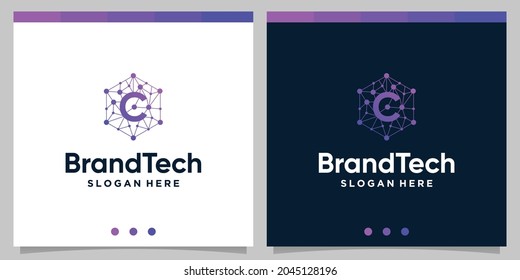 Blockchain technology abstract logo gradient with initial C letter logo. Premium Vector