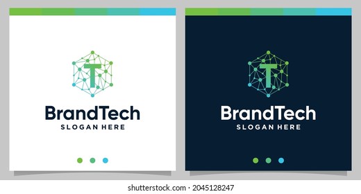 Blockchain technology abstract logo gradient with initial T letter logo. Premium Vector