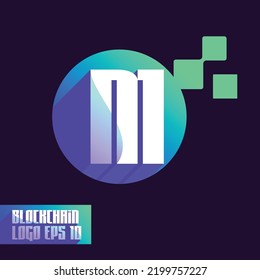 Gradiente del logotipo abstracto de la tecnología Blockchain con el logotipo de la letra M inicial. Vector Premium
