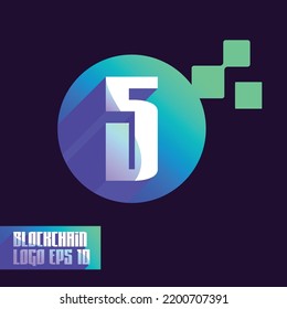 Blockchain technology abstract logo gradient with Numeric 5 logo. Premium Vector