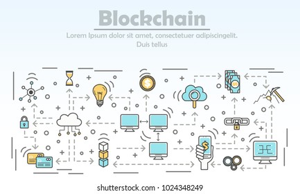Blockchain technology advertising vector illustration. Blockchain for business ad concept. Thin line flat style design element for web banners and printed materials.