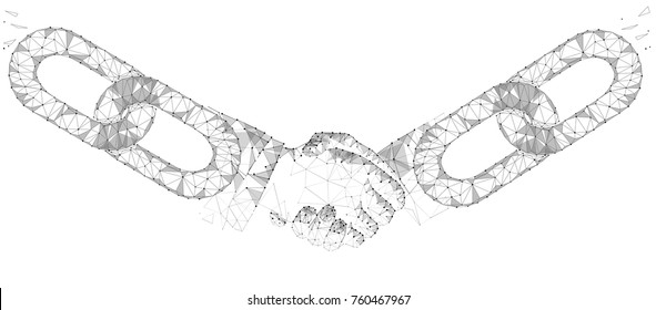 Blockchain technology agreement handshake business concept low poly. Polygonal point line geometric design. Hands chain link internet hyperlink connection gray white vector illustration