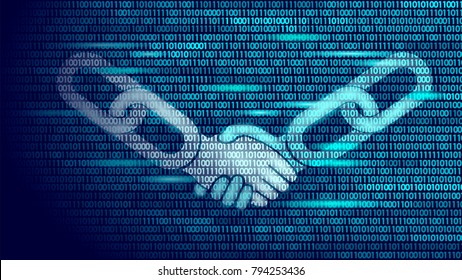 Blockchain technology agreement handshake business concept low poly. Icon sign symbol binary code numbers design. Hands chain link internet hyperlink connection blue vector illustration