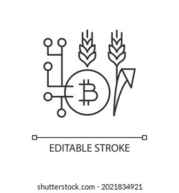 Tecnología Blockchain en la agricultura icono lineal. Opción de pago innovadora. Agricultura inteligente. Ilustración personalizable de línea delgada. Símbolo de contorno. Dibujo de contorno aislado del vector. Trazo editable