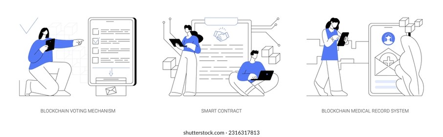 Blockchain Technology Applikationen abstraktes Konzept Vektorgrafik Set. E-Voting-Mechanismus, Unterzeichnung intelligenter Verträge online, Blockchain Medical Record System, IT-Industrie abstrakte Metapher.