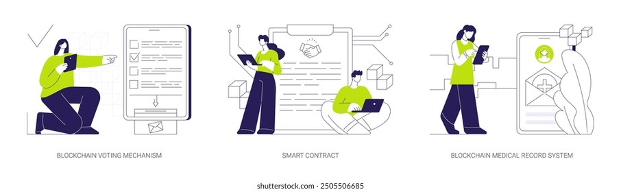 Blockchain technology applications abstract concept vector illustration set. E-voting voting mechanism, signing smart contract online, blockchain medical record system, IT industry abstract metaphor.