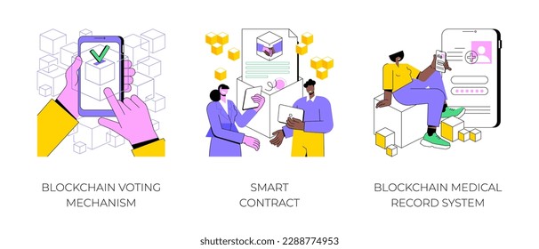 Aplicaciones de la tecnología Blockchain aisladas ilustraciones vectoriales de dibujos animados conjunto. Mecanismo de votación electrónica, firma de un contrato inteligente en línea, sistema de registro médico de blockchain, cartoon vectorial de la industria de las TI.