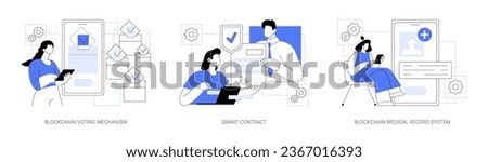 Blockchain technology applications isolated cartoon vector illustrations set. E-voting voting mechanism, signing smart contract online, blockchain medical record system, IT industry vector cartoon.