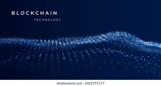 Blockchain technology background. Abstract digital network concept. Crypto data vector illustration. Blue particle background. Flow wave with dot landscape.