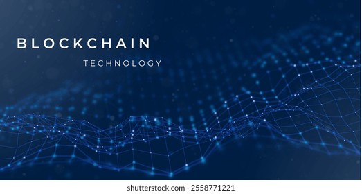 Blockchain technology background. Abstract digital network concept. Crypto data vector illustration. Blue particle background. Flow wave with dot landscape.