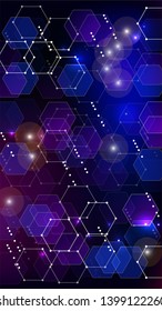 Blockchain Technology Background. Digital Tehnology Backdrop. Futuristic Cyberspace with Hexagon Fractals. Vertical Template BG for Mobile Device. Vector  Technology Blockchain Background.