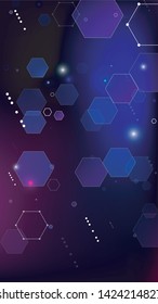 Blockchain Technology Background. Digital Tehnology Backdrop. Futuristic Cyberspace with Hexagon Fractals. Vertical Template BG for Mobile Device. Vector  Technology Blockchain Background.