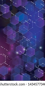 Blockchain Technology Background. Digital Tehnology Backdrop. Futuristic Cyberspace with Hexagon Fractals. Vertical Template BG for Mobile Device. Vector  Technology Blockchain Background.