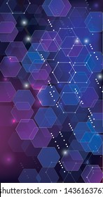 Blockchain Technology Background. Digital Tehnology Backdrop. Futuristic Cyberspace with Hexagon Fractals. Vertical Template BG for Mobile Device. Vector  Technology Blockchain Background.