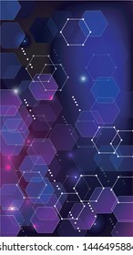 Blockchain Technology Background. Digital Tehnology Backdrop. Futuristic Cyberspace with Hexagon Fractals. Vertical Template BG for Mobile Device. Vector  Technology Blockchain Background.
