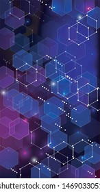 Blockchain Technology Background. Digital Tehnology Backdrop. Futuristic Cyberspace with Hexagon Fractals. Vertical Template BG for Mobile Device. Vector  Technology Blockchain Background.