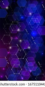 Blockchain Technology Background. Digital Tehnology Backdrop. Futuristic Cyberspace with Hexagon Fractals. Vertical Template BG for Mobile Device. Vector  Technology Blockchain Background.
