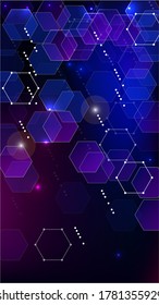 Blockchain Technology Background. Digital Tehnology Backdrop. Futuristic Cyberspace with Hexagon Fractals. Vertical Template BG for Mobile Device. Vector  Technology Blockchain Background.