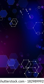 Blockchain Technology Background. Digital Tehnology Backdrop. Futuristic Cyberspace with Hexagon Fractals. Vertical Template BG for Mobile Device. Vector  Technology Blockchain Background.