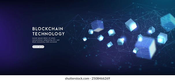 Blockchain technology background with floating digital cubes, glowing particles and a purple network landscape for data, security and finance concepts.